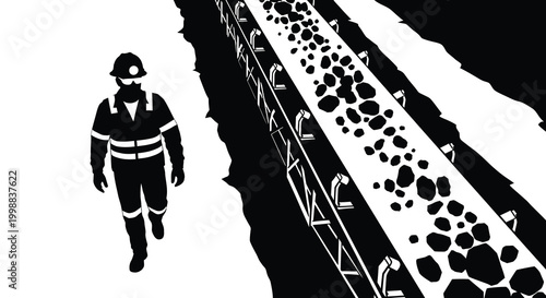 Miner walking beside a conveyor belt carrying rocks industrial work scene silhouette high quality professional detailed modern elegant stylish