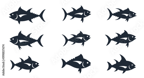 Vector set of stylized tuna fish silhouettes, showcasing a collection of aquatic creatures with sleek bodies and dorsal fins, perfect for culinary or marine themes