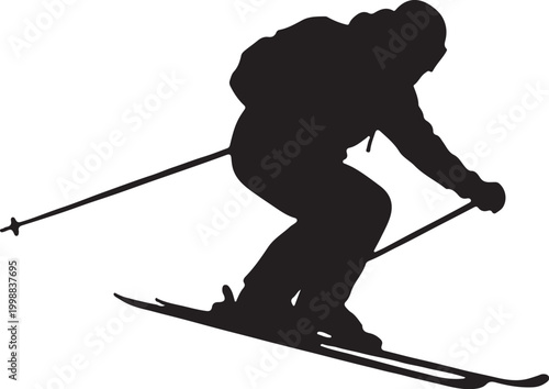 Silhouette of a Skier Downhill Racing Isolated on White Background