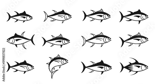 Vector illustrations featuring various stylized tuna fish in a clean, black and white line art style, perfect for aquatic and seafood design projects