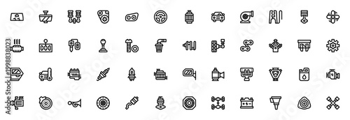 Car Engine icon set. Automotive vector icons pack. Includes symbols for piston, turbo, gearshift, battery, radiator, steering wheel and more. Editable stroke.