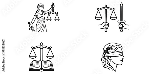 Justice Symbol Collection: Scales, Sword, Blindfolded Lady, Open Book Icons