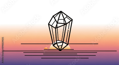 Crystal sunrise over water, geometric gemstone reflecting light, serene dawn landscape