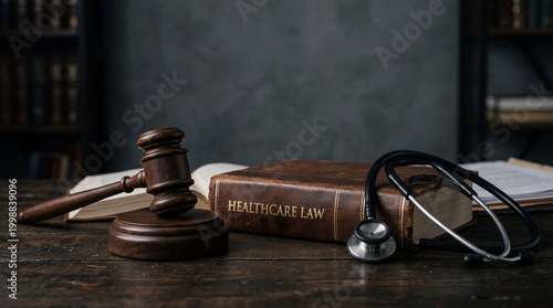 Healthcare law concept with wooden gavel, law book and medical stethoscope on dark background, representing medical malpractice, legal regulations, professional liability and justice in the healthcare