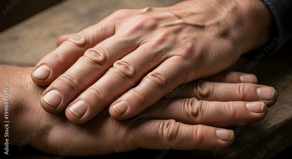 Fototapeta premium Workers celebrate Labour Day with gesture of solidarity and support, hands clasped together in unity and cooperation, conveying a sense of togetherness and mutual respect.