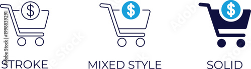 E-commerce shopping cart with money icon. Online order, consumer spending, retail purchase, checkout, and banking payment vector symbols.