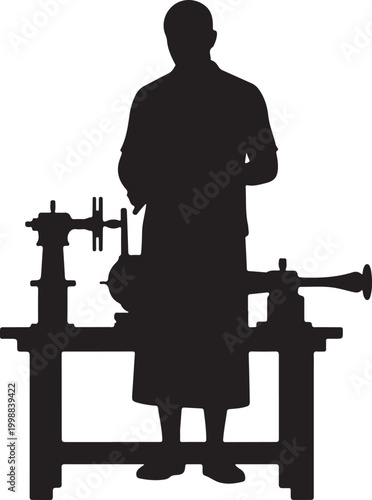 Silhouette of a Woodturner Working at a Lathe Machine on White Background