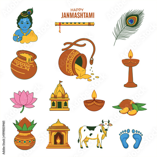 A festive illustration depicts Krishna's birthday celebration with various Hindu symbols and icons on a white background.