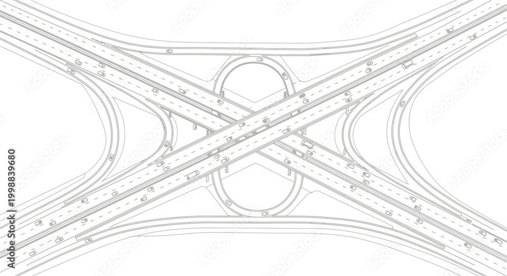 Obraz premium Overhead view of a detailed blueprint illustration of a complex multi-level highway interchange with flowing traffic