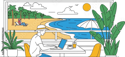 Young man working remotely on his laptop from a tropical cafe, enjoying the beautiful beach view and sunny weather, embodying freedom and flexible lifestyle.