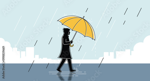 A silhouetted figure in a black raincoat and hood holds a cheerful yellow umbrella, confidently navigating a rainy day amidst a stylized city backdrop.