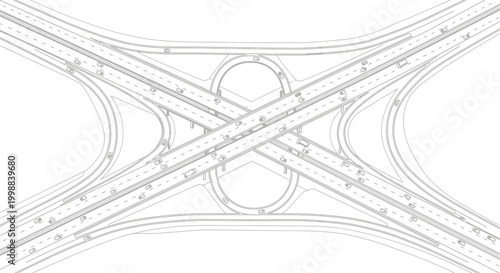 Overhead view of a detailed blueprint illustration of a complex multi-level highway interchange with flowing traffic