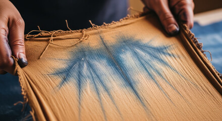 Textile Artisan Holding Rustic Fabric with Natural Indigo Tie Dye Pattern