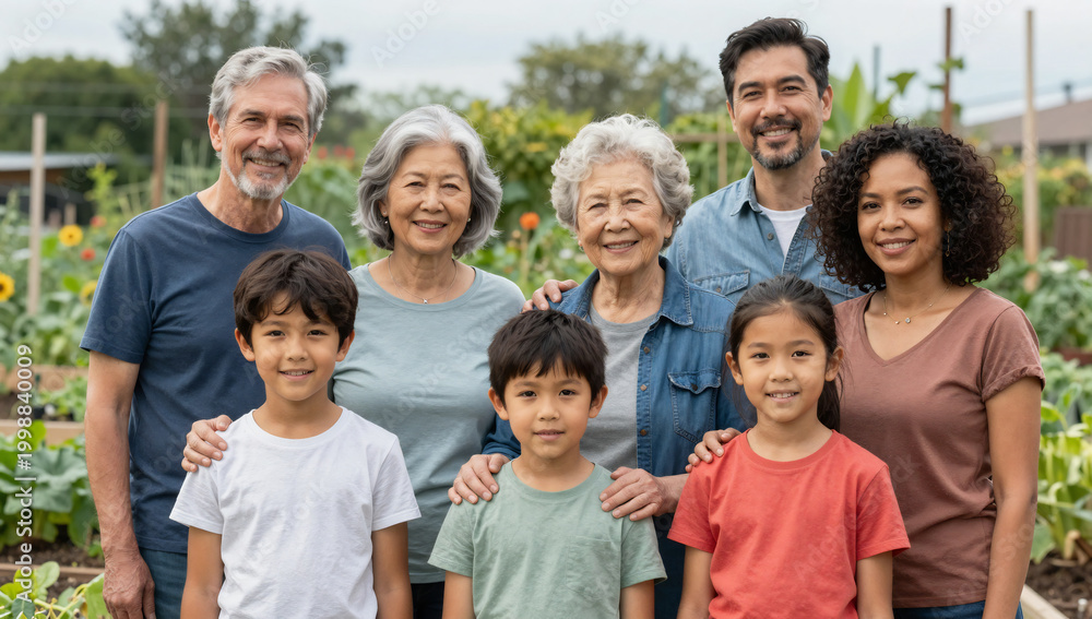 Obraz premium Inspirational Diverse Family Group Photo During Community Garden Gathering