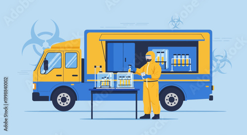 Mobile Lab Truck with Scientist in Hazmat Suit Conducting COVID-19 Testing