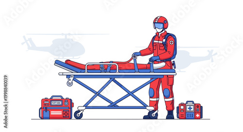 Paramedic in Red Uniform with Stretcher and Medical Kits, Helicopter Background