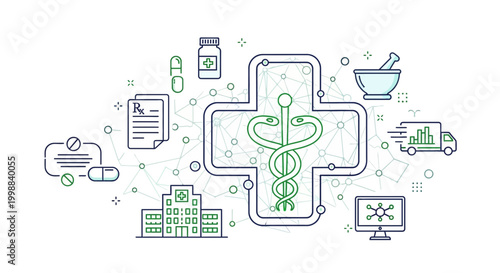 Pharmacy and Healthcare Technology Concept: Caduceus, Hospital, Rx, Pills, Delivery Truck
