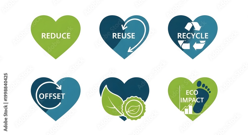 Fototapeta premium Environmental Conservation Icons with Green Heart Shapes and Eco Friendly Text
