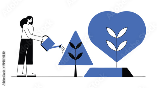 Woman Watering Heart-Shaped Tree, Concept of Self-Care, Personal Growth, Emotional Intelligence and Environmental Love, Modern Minimalist Flat Vector Illustration
