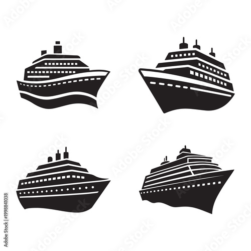 Four black cruise ship icons in different angles and designs on white background for travel and transportation concepts