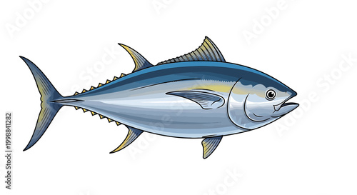 Vibrant illustration of a powerful tuna fish with sleek blue and silver scales, ideal for marine life, seafood, or ocean-themed culinary and aquatic graphic designs