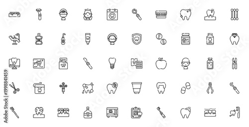 Dentist icon set. Dental vector icons pack. Includes clean, avatar, calendar, chair, braces, equipment, health care and more. Editable thin line icons.