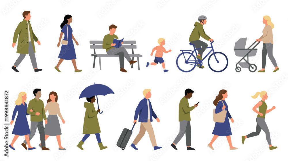 Fototapeta premium Modern flat people characters engaged in diverse daily city life activities.