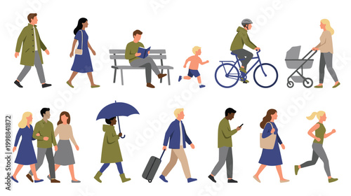Modern flat people characters engaged in diverse daily city life activities.
