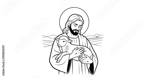 Jesus Christ holding a lamb, religious illustration, halo, serene, pastoral background