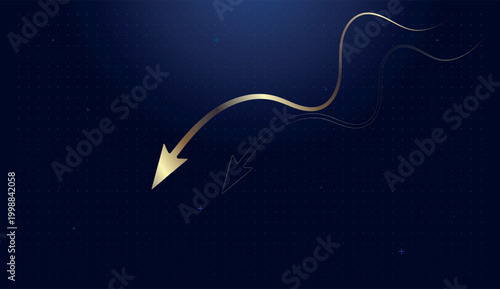 A glowing blue line curves sharply into an arrow pointing down, signaling a decrease in digital Finance. and A vibrant, glowing arrow