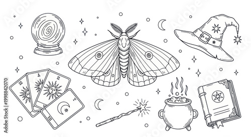 Mystical Objects: Moth, Crystal Ball, Tarot Cards, Witch Hat, Wand, Cauldron, Spellbook