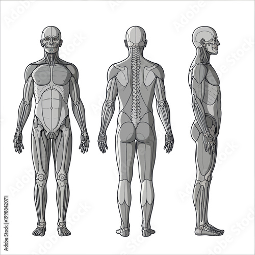Anatomical Human Body Diagram: Front, Back, and Side Views - Muscular System