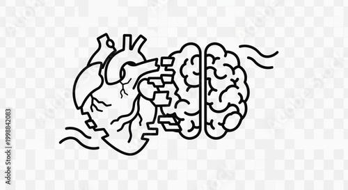 Heart and Brain Connection Line Art Icon Symbolizing Logic and Emotion Balance