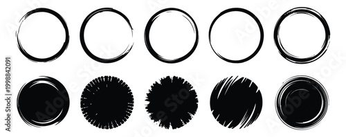 Black abstract circle frames grunge brush stroke textures.