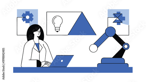 Female Engineer Programming Industrial Robotic Arm for Automation and Creative Engineering Solutions abstract concept vector illustrations, black and blue vector art