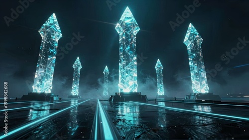 Futuristic Glowing Blue Crystal Obelisks in SciFi Environment