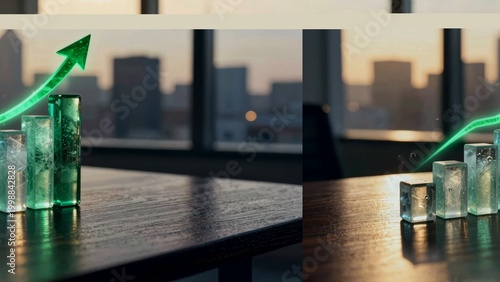 Financial Growth Chart with Green Rising Arrow and City Background