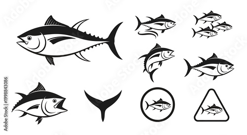 Set of stylized tuna fish icons and symbols, showcasing different poses and perspectives of the marine creature