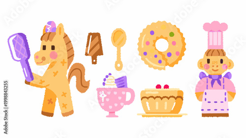 Cute horse and chef baking sweet treats in colorful kitchen with desserts and utensils