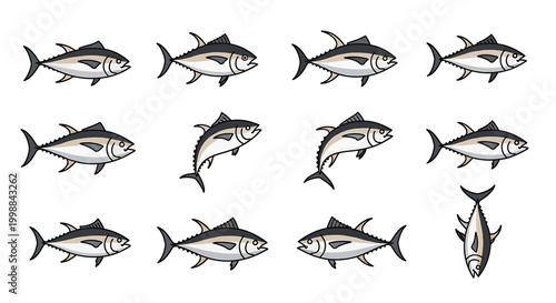 Illustration of a school of tuna fish swimming in unison, showcasing their streamlined bodies and powerful fins in a vibrant aquatic scene