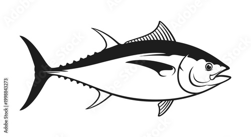 Stylized monochrome illustration of a tuna fish, depicting marine life and aquatic fauna, perfect for seafood businesses, fishing adventures, or ocean-themed designs and logos