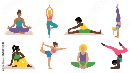 Diverse women practicing different yoga positions flat color graphics.