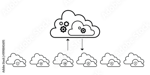 Conceptual illustration of data transfer and synchronization between multiple small cloud storage units and a larger central cloud server
