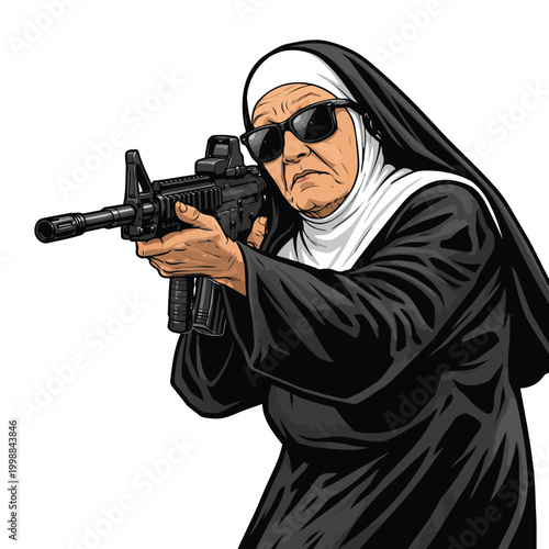 vector illustration of an old nun carrying a firearm