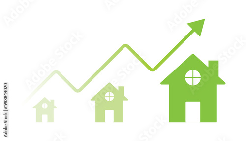 Foto Green graphic representing upward trend in housing market with growing house ico