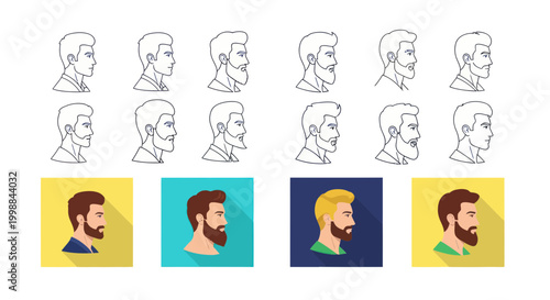 Man Profile Styles: Beards, Hairstyles and Facial Hair - Vector Icons