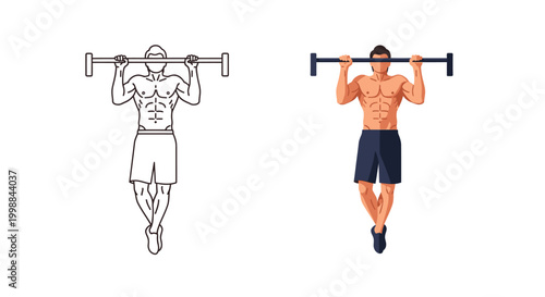 Muscular man performing pull-ups on a bar, showcasing fitness and strength in a vector illustration.