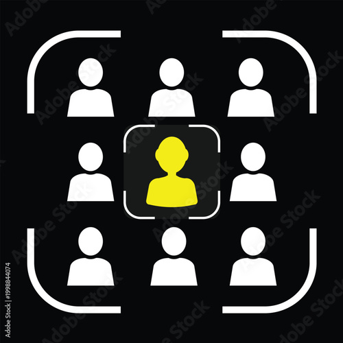 Abstract representation of a highlighted individual within a group of people icons on a dark background symbolizing leadership or uniqueness