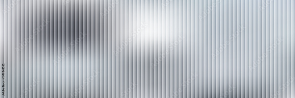 Fototapeta premium Acrylic satin corrugated glass texture light gray background. Blurred soft ribbed transparent striped door window overlay. Metal silver reeded polycarbonate sheet. Abstract vertical gradient pattern