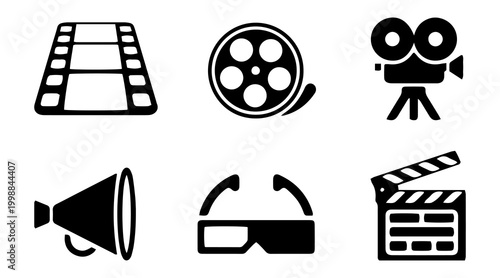 Media and Film Icon Set – Camera, Film Reel, Clapperboard Vector